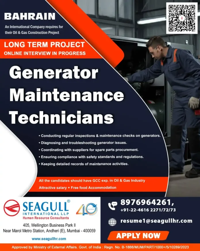 Generator Maintenance Technicians job in Bahrain Oil and Gas