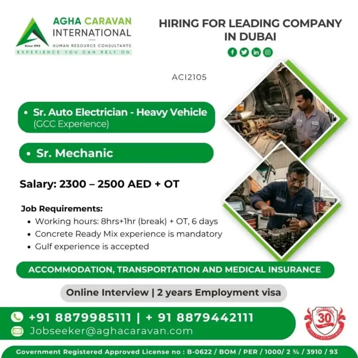 Agha Caravan International hiring Senior Auto Electrician and Mechanic in Dubai
