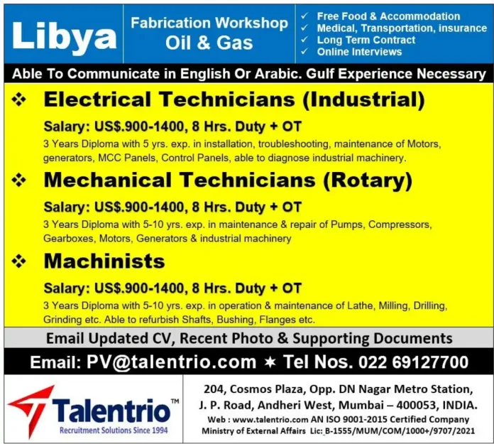 Oil and gas fabrication workshop in Libya with technicians working on machinery