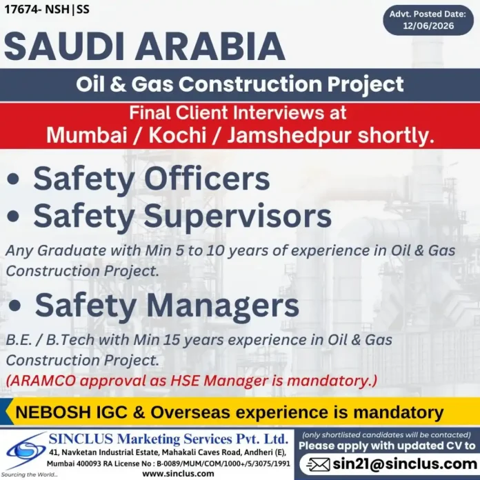 Safety officers and supervisors oil and gas construction saudi arabia