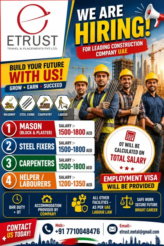 ETRUST hiring banner for construction jobs in UAE showing Mason, Steel Fixer, Carpenter, Labourer positions with salary details and contact number