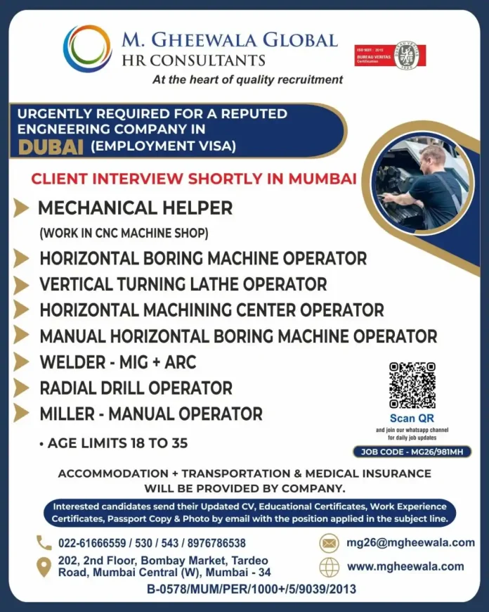 Mechanical helper and CNC machine operator jobs in Dubai