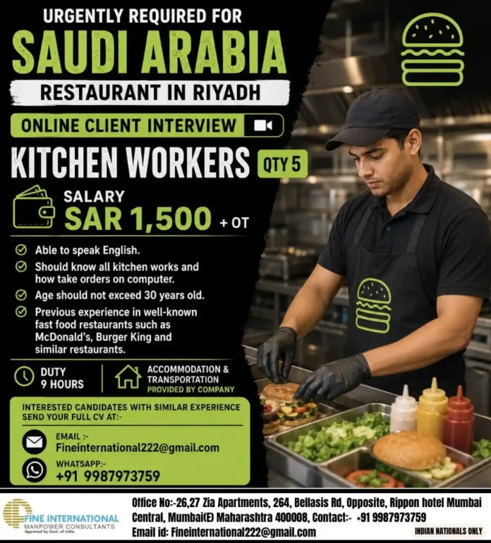 Kitchen workers preparing food in a fast food restaurant