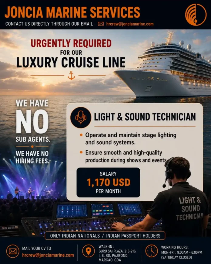 Light and Sound Technician operating stage lighting and sound systems on a luxury cruise ship