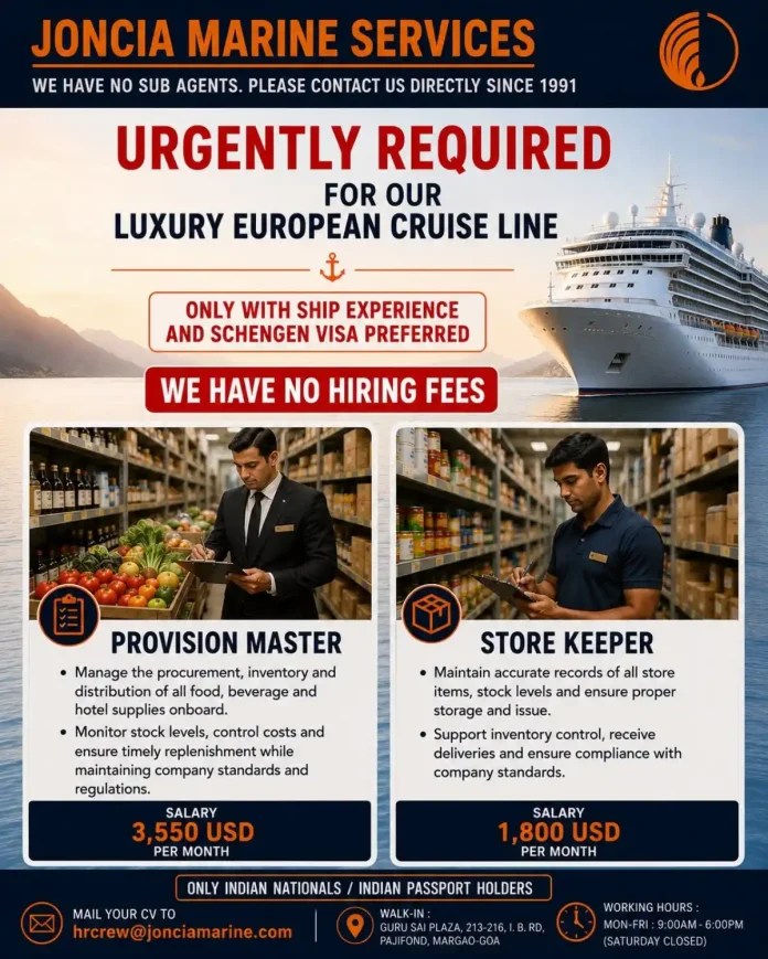 Luxury cruise ship at sea with Joncia Marine Services hiring for Provision Master and Store Keeper positions