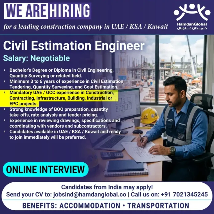 Civil Estimation Engineer job hiring poster with company logo