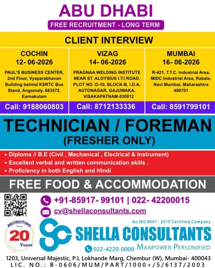 Technician Foreman Fresher Abu Dhabi free recruitment