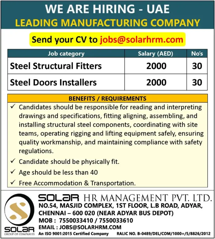 Steel structural fitters and door installers in UAE manufacturing company
