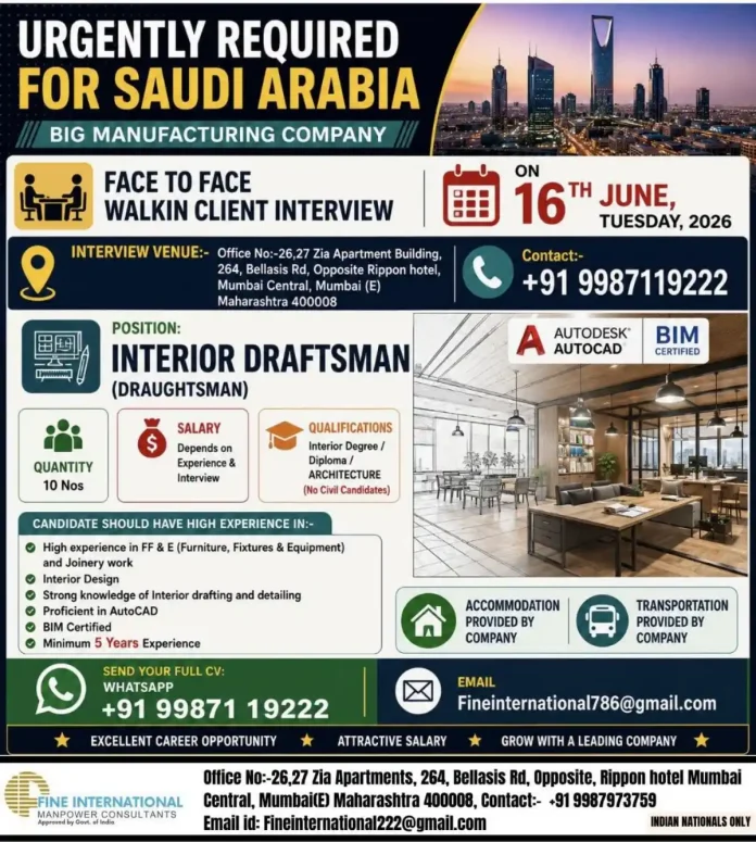 Interior Draftsman job Saudi Arabia walk-in interview