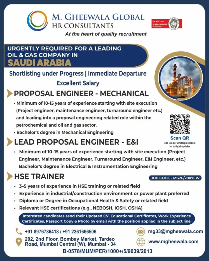 Proposal Engineer Mechanical job Saudi Arabia Oil and Gas M. Gheewala Consultants