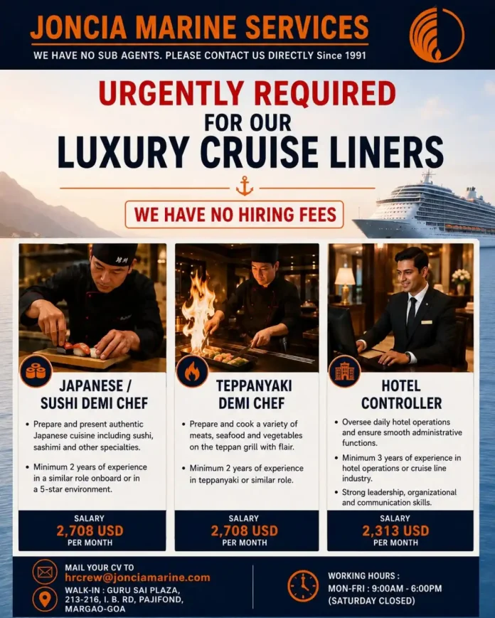 Luxury cruise ship with crew members serving guests