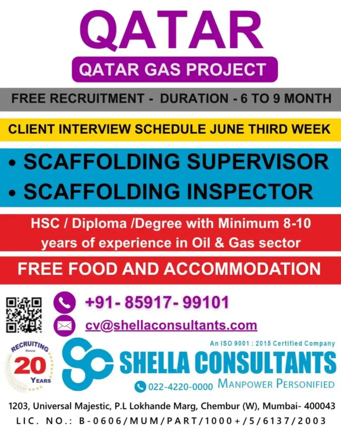 Scaffolding supervisor and inspector job Qatar gas project free recruitment