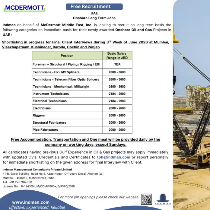 McDermott UAE onshore oil and gas jobs recruitment