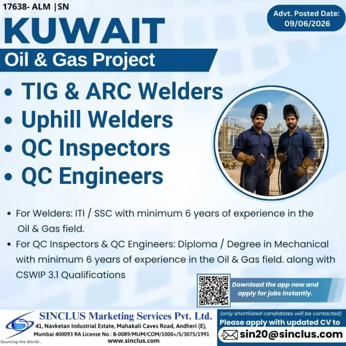 Job advertisement for TIG & ARC Welders and QC Inspectors in Kuwait Oil & Gas project