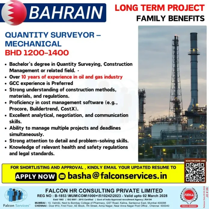Quantity Surveyor Mechanical job opportunity in Bahrain - Falcon Services