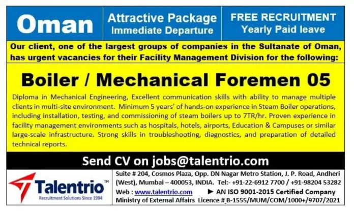 Boiler Foreman job in Oman free recruitment