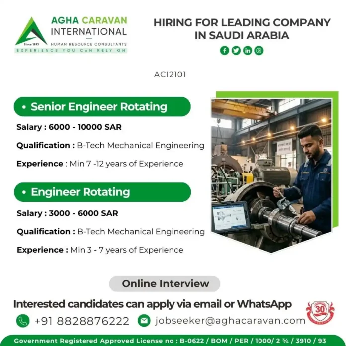 AGHA CARAVAN International hiring rotating engineers for Saudi Arabia