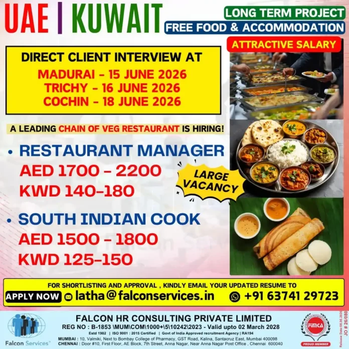 Job interview for restaurant manager and cook positions in UAE and Kuwait