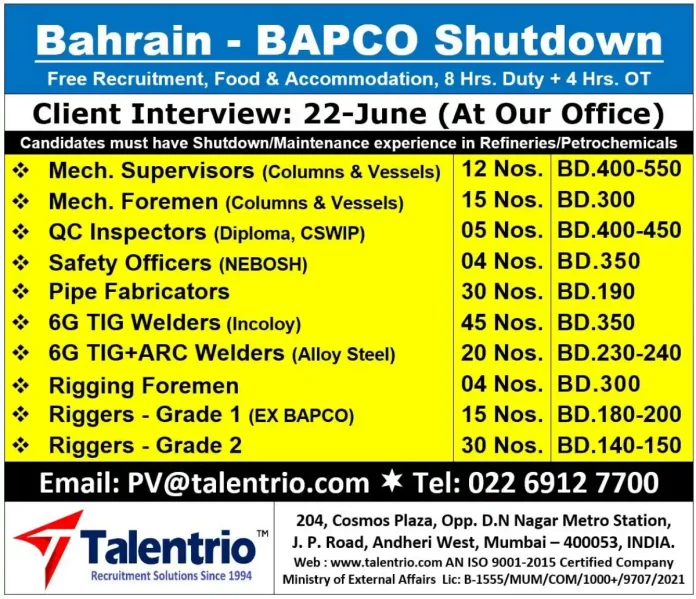 Bahrain BAPCO Shutdown job recruitment Talentrio