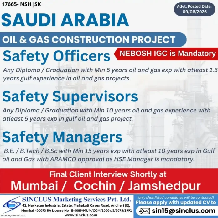 Safety Officers NEBOSH IGC Saudi Arabia Oil & Gas Project
