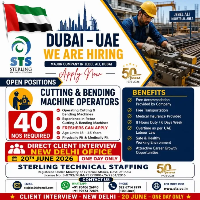 Job posting for Cutting and Bending Machine Operators in Jebel Ali, Dubai with benefits and interview details