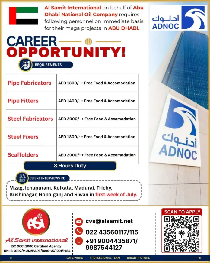 ADNOC career opportunity advertisement for pipe fabricators and steel fabricators jobs in Abu Dhabi