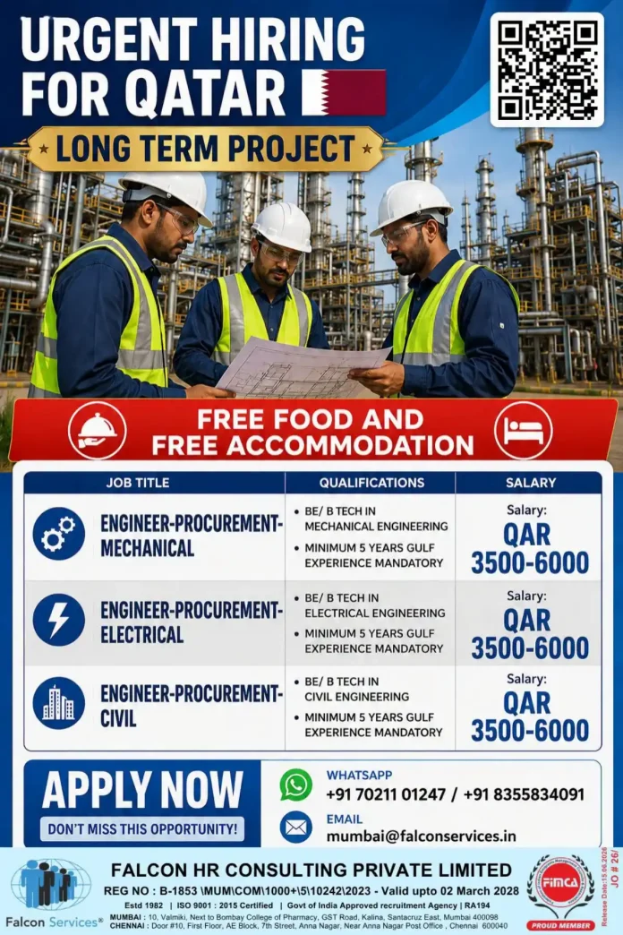 Urgent Hiring Qatar Procurement Engineer Falcon Services Free Food Accommodation