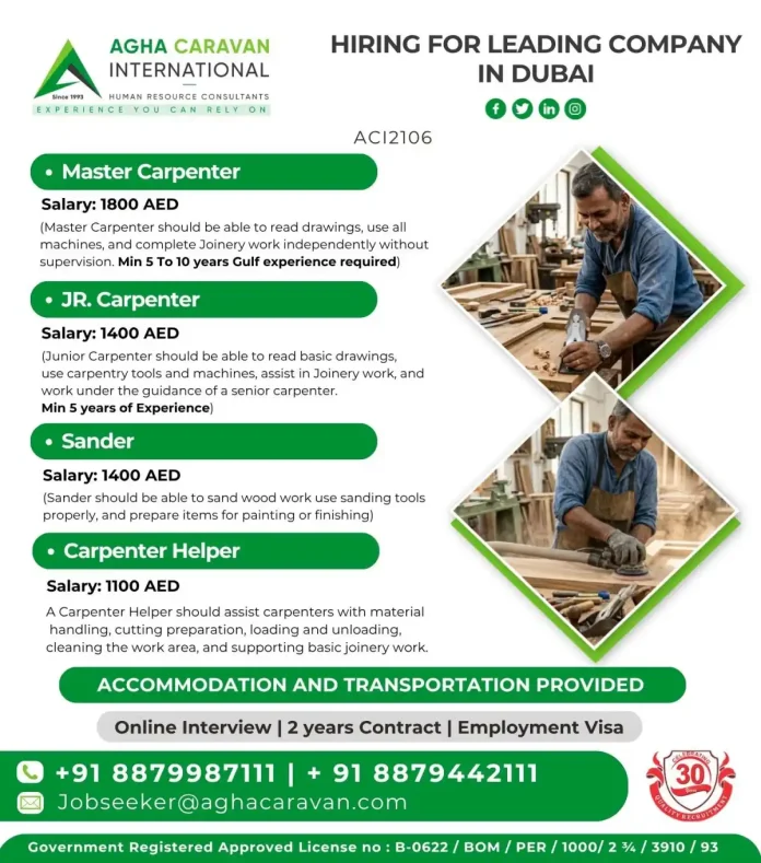 Agha Caravan International carpenter job vacancy Dubai 2025