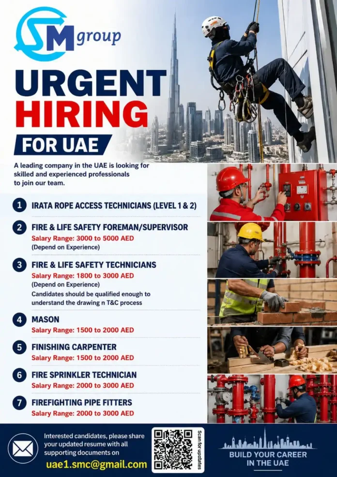 UAE job hiring for IRATA rope access technicians and skilled workers
