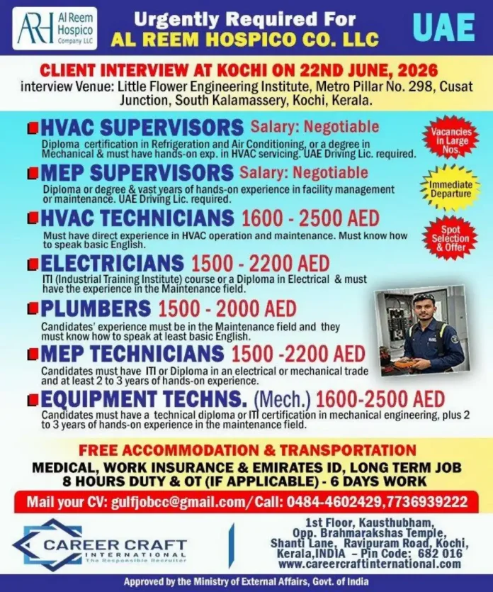 Al Reem Hospico UAE job vacancies walk-in interview Kochi 2026