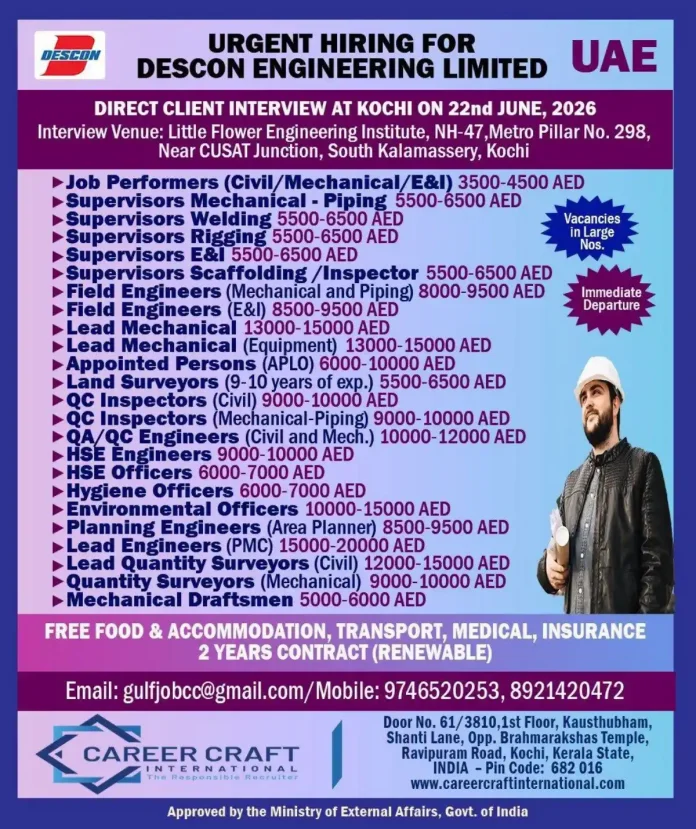 Descon Engineering UAE career fair at Kochi June 2026