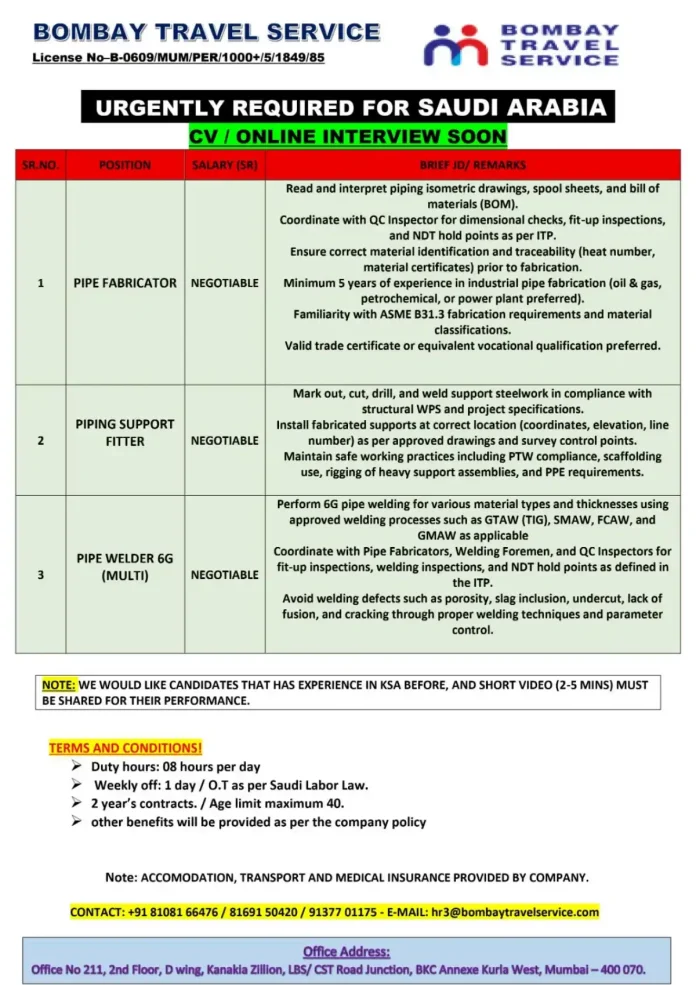 Pipe Fabricator job in Saudi Arabia with Bombay Travel Service