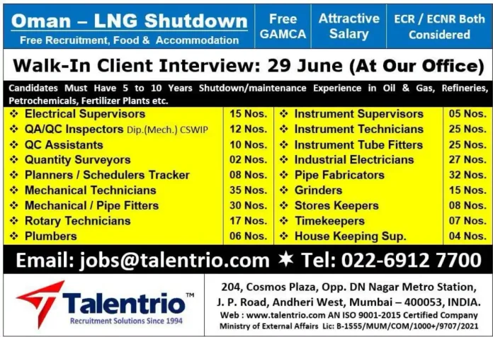 Talentrio Oman LNG Shutdown Recruitment Walk-In Interview