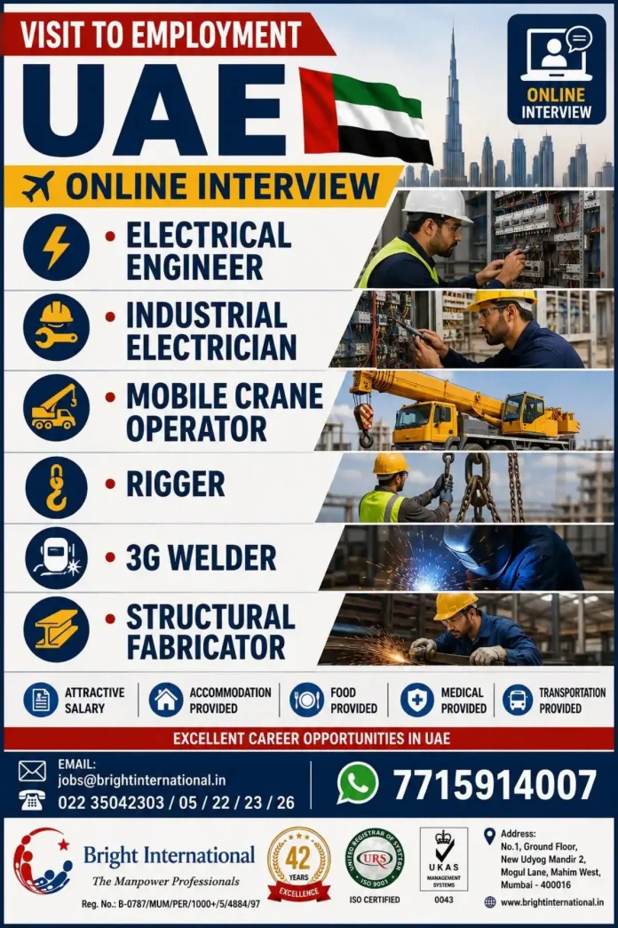 UAE Jobs Recruitment 2024 - Electrical Engineer, Industrial Electrician, Mobile Crane Operator, Rigger, 3G Welder, Structural Fabricator - Bright International
