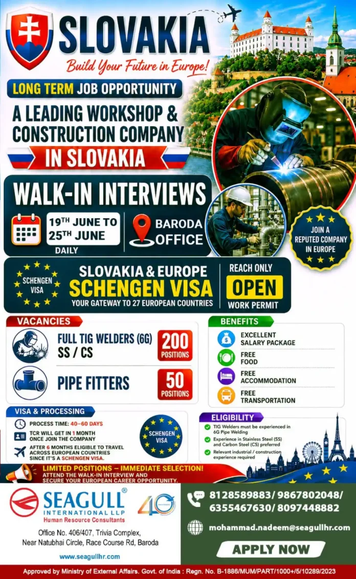 Slovakia job opportunity for TIG welders and pipe fitters with Schengen visa
