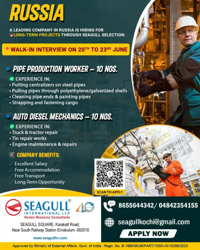Russia jobs walk-in interview Seagull Selection