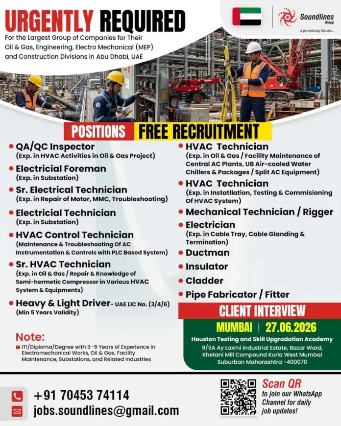 Soundlines Group recruitment banner for Oil & Gas jobs in Abu Dhabi