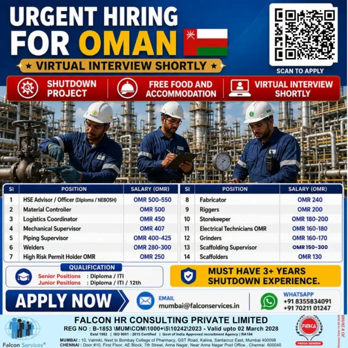 Falcon Services urgent hiring for Oman shutdown project positions list