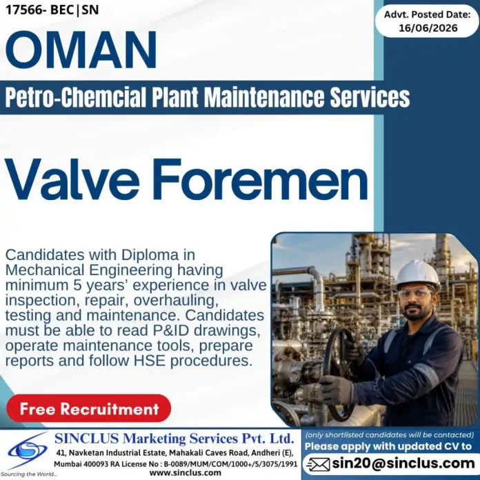 Valve Foreman job in Oman - Petrochemical plant maintenance