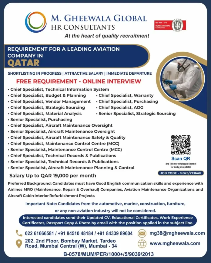 M. GHEEWALA GLOBAL HR CONSULTANTS Job Post for Aviation Positions in Qatar