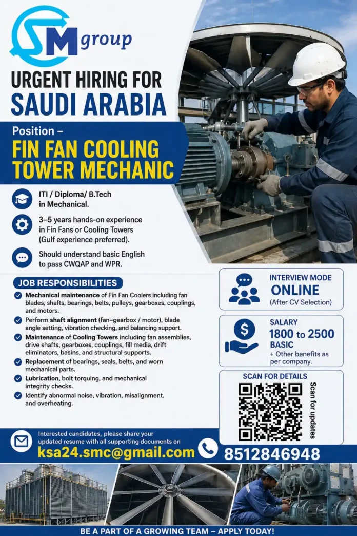 SM Group hiring Fin Fan Cooling Tower Mechanic for Saudi Arabia