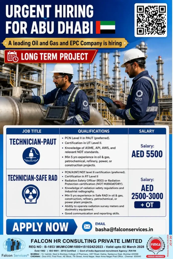 NDT Technician PAUT Safe Rad Job Abu Dhabi