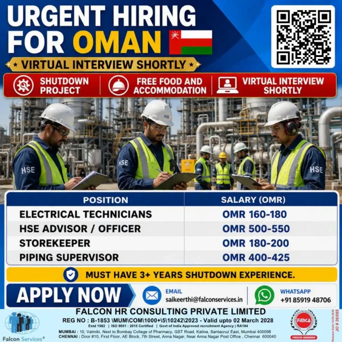 Falcon Services Oman shutdown job hiring electrical technicians HSE storekeeper piping supervisor
