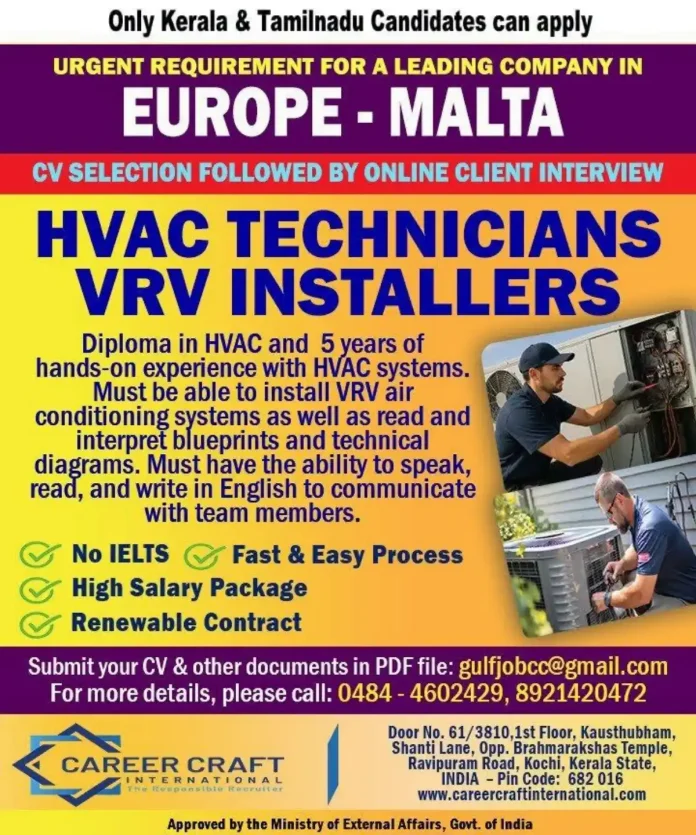 HVAC Technician VRV Installer job Malta
