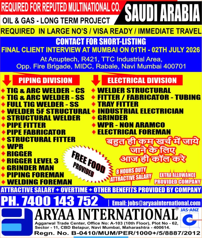 Oil and gas job interview in Mumbai for Saudi Arabia positions