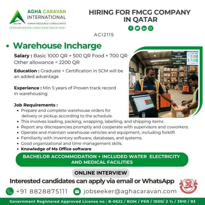 Warehouse Incharge job vacancy Qatar Agha Caravan