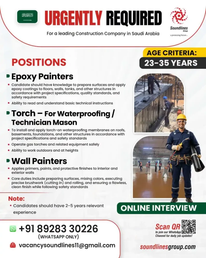 Construction painters and torch technicians job vacancy Saudi Arabia