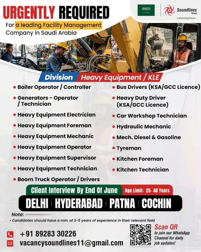 Job poster for Soundlines Group recruiting for facility management positions in Saudi Arabia with contact details and QR code