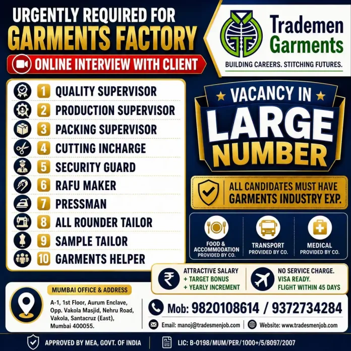 Garments Factory Job Vacancy - Tradesmen Garments