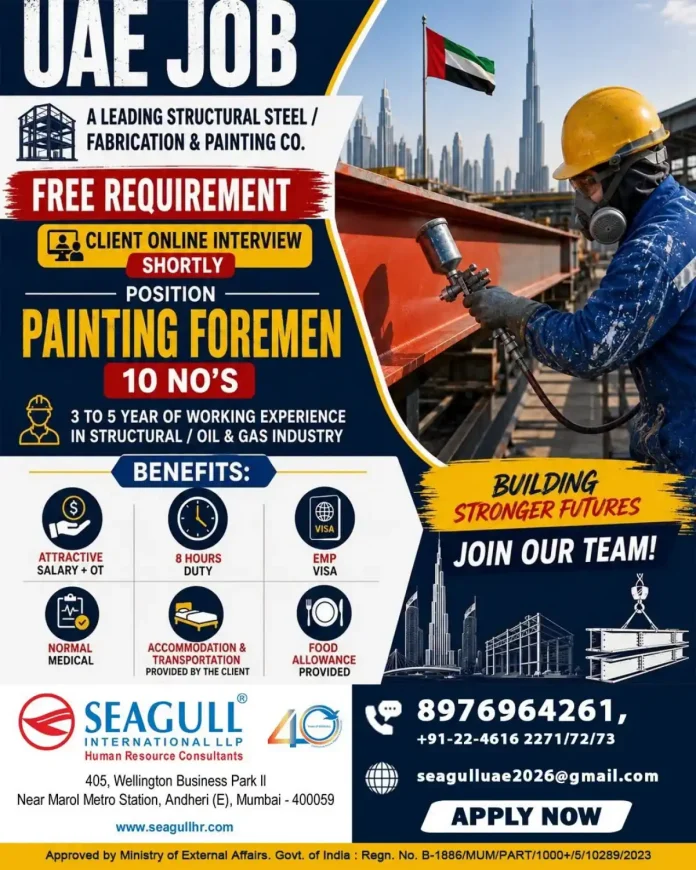 Painting Foreman job vacancy in UAE – Leading steel fabrication company hiring